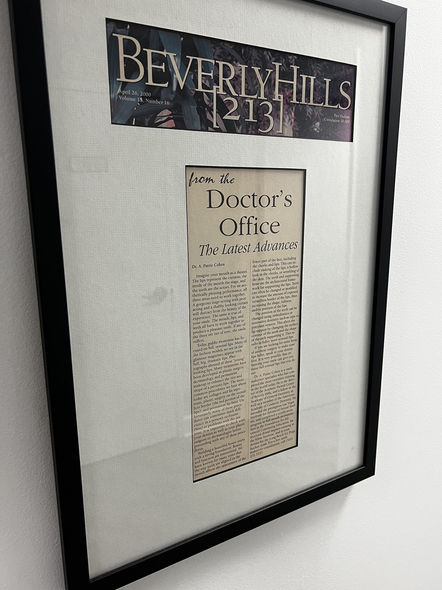dentist office framed newspaper at Doctor Patric Cohen dentist in Beverly Hills